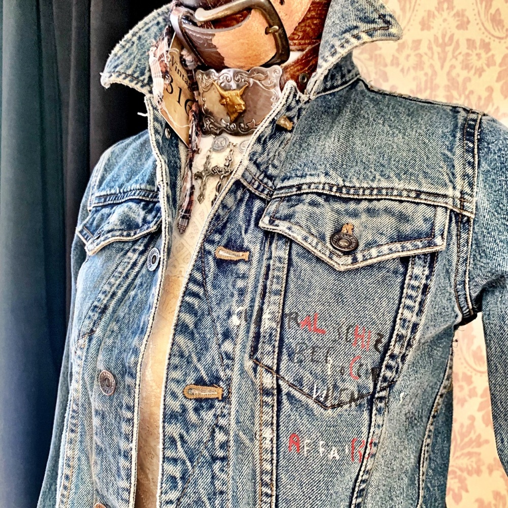 Jean Jacket with Contrast Stitching, Graffiti and Colorful Patches